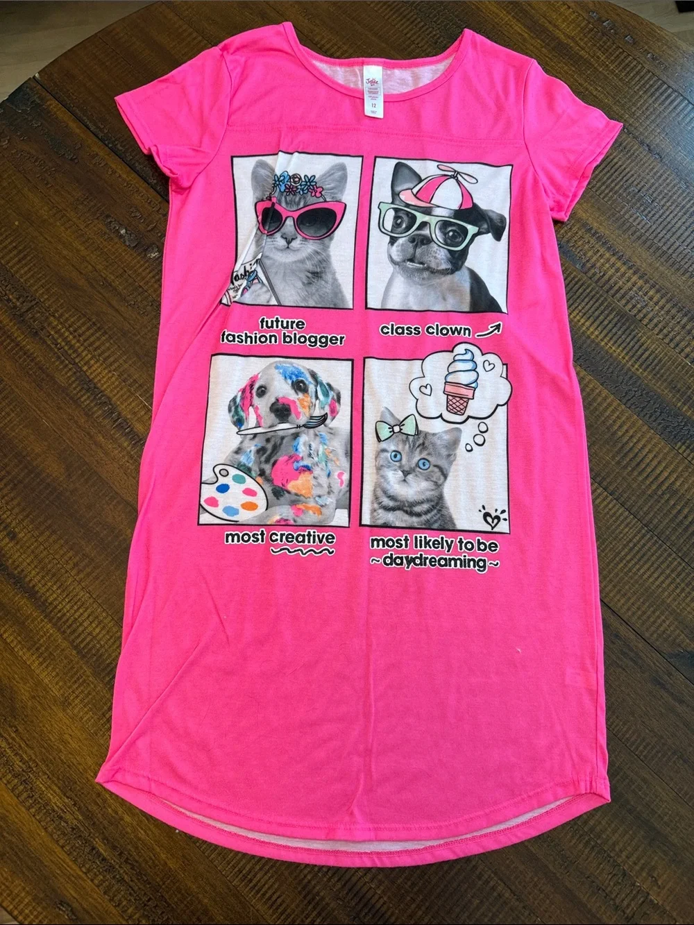 Justice Bright Pink Graphic Kids Nightgown with Cute Animal Panels